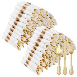 Goodluck 100 Pack Heavyweight Gold Plastic Silverware Set – 300 Cutlery & 100 Pre-Rolled Napkins for Wedding, Party, Christmas, Anniversary