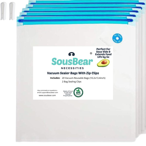 SousBear Reusable Gallon Vacuum Zipper Bags, 20count 10x13 Inch, Resealable