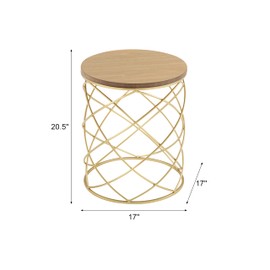 LUMISOL 17'' Cylindrical Side Table for Living Room, Modern Metal End Table, Sofa Table with MDF Top, for Office Apartment, No Need Assembly, Natural+Gold