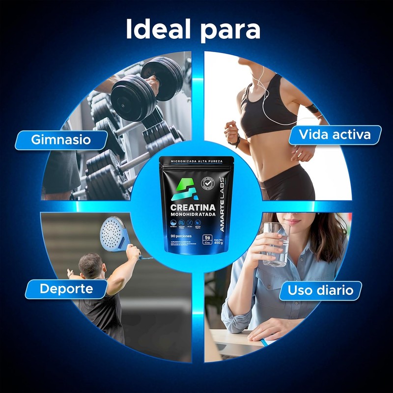 AMARTE LABS Creatina monohidratada en polvo alta pureza, 90 porciones,