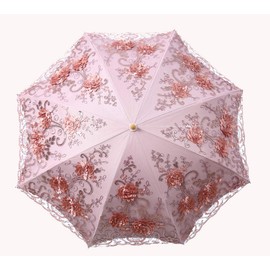 LCY Ladies Embroidered Lace Double-deck Anti-UV Parasol Umbrella Sun/Rain/Snow Folding Umbrella-Pink