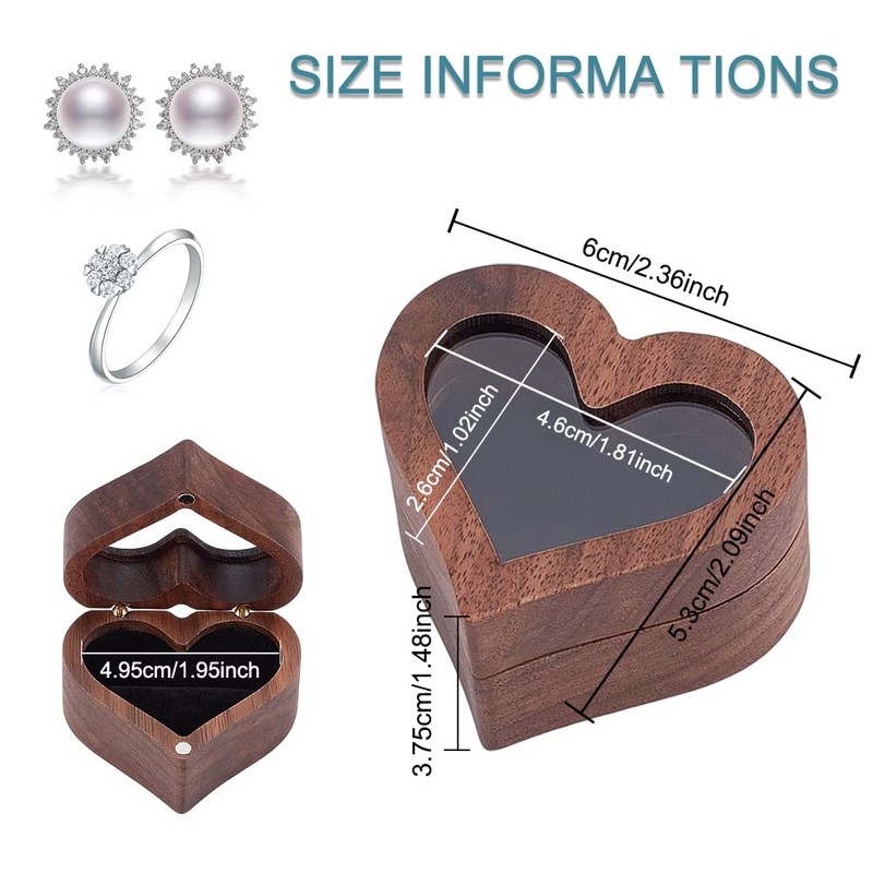 Benecreat 1 Piece Wooden Ring Box, Heart Shape, Walnut, Clear