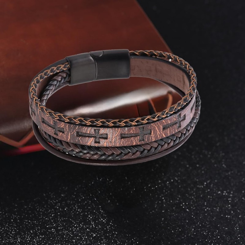 REchoLI Cross Bracelet for Man,Men's Brown Leather Cross Bracelet with