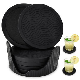 6 Pack Silicone Coasters Set with Holder - for Hot/Cold Beverages, 2-Sided Non-Slip Drink Pads, Felt Backed Protects Furniture, Includes Storage Tray (Black)