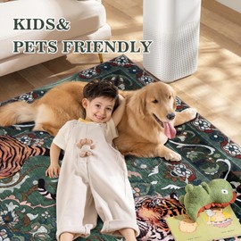 Geanlod Tiger Washable Area Rugs 6x9 Green, Boho Accent Jungle Rugs for Living Room, Soft Bedroom Area Carpet, Thin Botanical Floor Carpets for Dining Room Nursery Dorm Kids Playroom Farmhouse Office