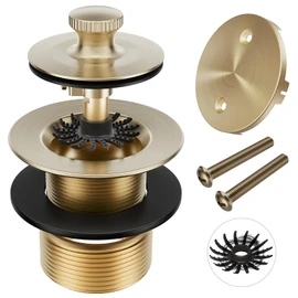 Champagne Brushed Gold Bronze Tub Drain Stopper Bathtub Drain, Hair Catcher and Two-Hole Overflow Faceplate, Premium Brass Lift and Turn Twist Tub Drains Replacement Trim Kit, 11.5/16 UNC Tub Stopper