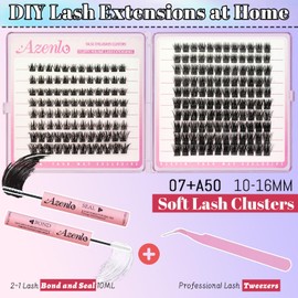 Azenlo Lash Extension Kit 07+A50 Fluffy Lash Clusters Kit D Curl Thick Cluster Eyelashes Extensions 10-16mm DIY Individual Lashes Natural Eyelash Clusters Kit with Lash Bond and Seal Waterproof
