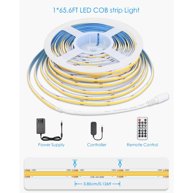White COB Led Strip Lights 65.6FT/Roll with Dam-Process 6500K 24V