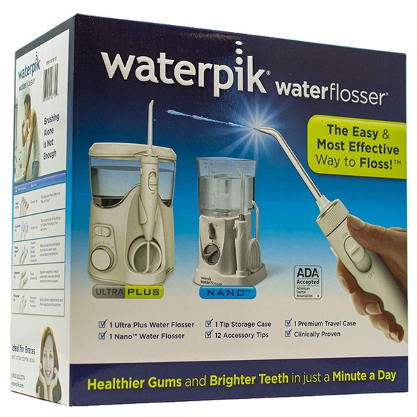 Waterpik Ultra Plus Water Flosser, Nano Flosser, Deluxe Traveler Case, Tip Storage Case and 12 Accessory Tips Combo Pack