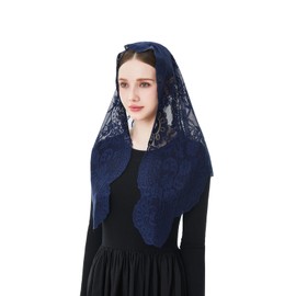Wgior Elegant Lace Chapel Veil for Women - Floral Design, Traditional Prayer Headscarf, Church or Religious Events (Navy Blue)