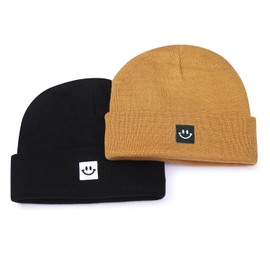 MaxNova 2 Pack Baby Beanie Fleece Lined Knit Toddler Hat for Girls Boys 0-8 Years Black/Camel