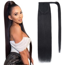 Benehair Real Hair Ponytail Extension, 100% Real Hair Braid Extensions, Wrap Around Ponytail for Women, Dark Black Ponytail Real Hair Hair Extensions, 45 cm, 90 g, #1