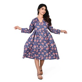 KLAVATE Women's V Neck Bohemian Short Dress Cotton Summer Indian Handblock Floral Print Beach Party Maxi Dress (as1, Alpha, s, Regular, Regular, Blue)