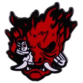 Samurai Warrior Men-Yoroi Flaming Fire Demon Face Mask Tusks Horns Sword Feudal Japan Japanese Rising Sun 1.2" Enamel Pin Badge