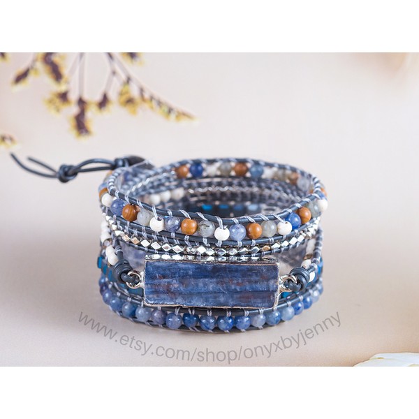 Sky Blue Topaz Natural Stone Bracelet • Crystal Quartz Wrap Bracelet • Wrap Bracelet • Birthday Gift for Her • Handmade Healing Bracelet
