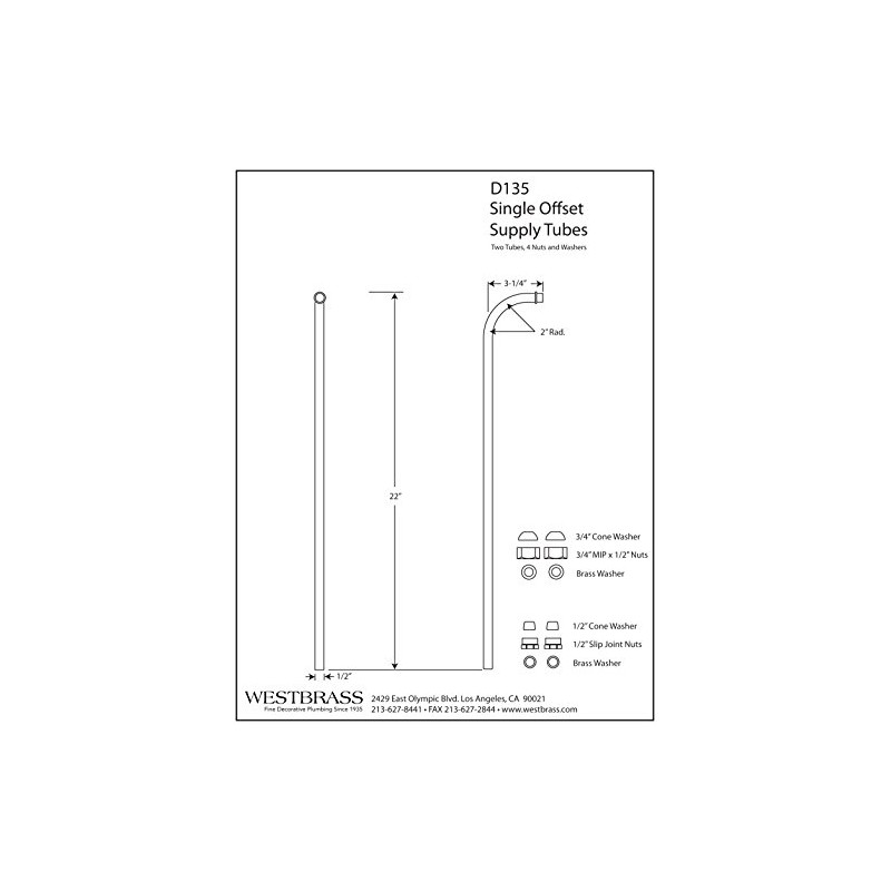 Westbrass 1/2" x 22" Single Offset Bath Supply Lines, Polished