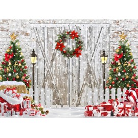 LYCGS 10X8ft Christmas Backdrop Christmas Barn Door Backdrop White Barn Door Snowflake Xmas Tree Gifts Photography Background Christmas Party Decoration Banner X-176