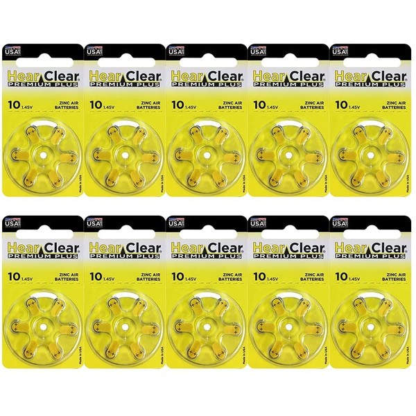 Hearclear Size 10 PR230 Hearing Aid Batteries Yellow Tab + Keychain (60 Batteries)