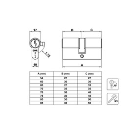 Amig - Security Cylinder | Door Lock | High Security Cylinder | Anti-Drill | Includes 3 Keys | Long Cam | Matte Silver | Measurements: 70 (35-35mm)