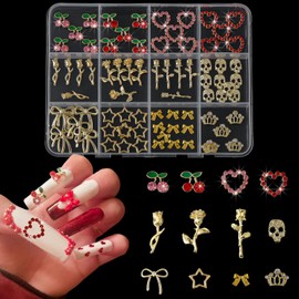 ALGLEA 80pcs Gold Nail Charms Set with Rose, Cherry, Bow, Hearts, Star, Flowers, Skull and Crown - Y2K 3D Gold Charms for Nail Decorations