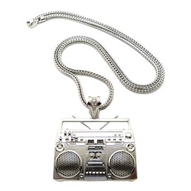 NYFASHION101 Boombox Pendant w/ 4mm 36" Franco Chain Necklace, Silver-Tone