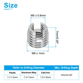 PATIKIL Selbstschneidende Gewindeeinsätze, 40 Stück M5 x M8 x 7mm 303 Edelstahl Gewindeadapter Reduzierer Schlitzschraube Reparatur Einsätze Muttern Hülse