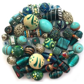 Sabrikas Mixed Pack of Handmade Turquoise Jewellery Making Beads - 150g (150 Pieces) - Glass, Bone/Stone, Wood - Round - Craft Bead - Beads - Turquoise