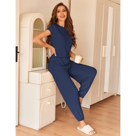 Ekouaer Pajamas for Women 2 Piece Lounge Sets Cap Sleeve Loungewear Top with Joggers Pants S-XXL Navy