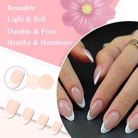 Pack of 24 False Nails, Almond Short False Nails, French Nude White Artificial Nails, Press On Nails, Shiny Acrylic Fingernails for Sticking on for Women and Girls