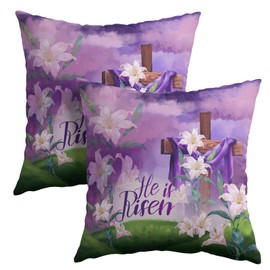 Kawani Easter Throw Pillow Covers 18x18 Set of 2 He is Risen Cushion Case Cotton Linen Square Happy Easter Purple Throw Pillows Case for Spring Flowers Party Sofa Couch Bed Bench Outdoor