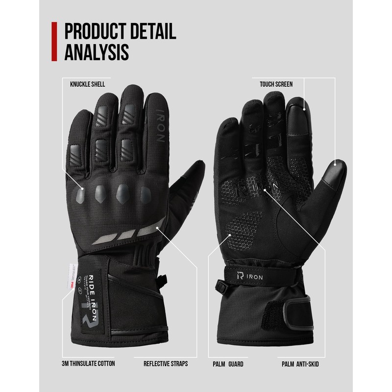 RIDEIRON Motorcycle Gloves, Winter, Water Resistant, Smartphone Compatible, Motorcycle Gloves,