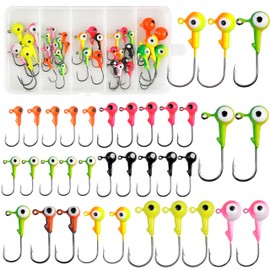 35pcs Fishing Jig Head Hooks Kit Lead Head Round Jig Lure Bait Hooks Bright Color Weight 3/8oz, 1/4oz, 1/8oz, 1/16oz, 1/32oz for Saltwater Freshwater Fishing