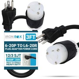 IronBox Electric 6-20P to L6-20R Plug Adapter Power Cord - 20A, 250V, 12/3 SJT - UL Listed Power Cord Extension Cable - Heavy Duty Plug and Connector for Generator, Data Centers & More (3ft, Build)