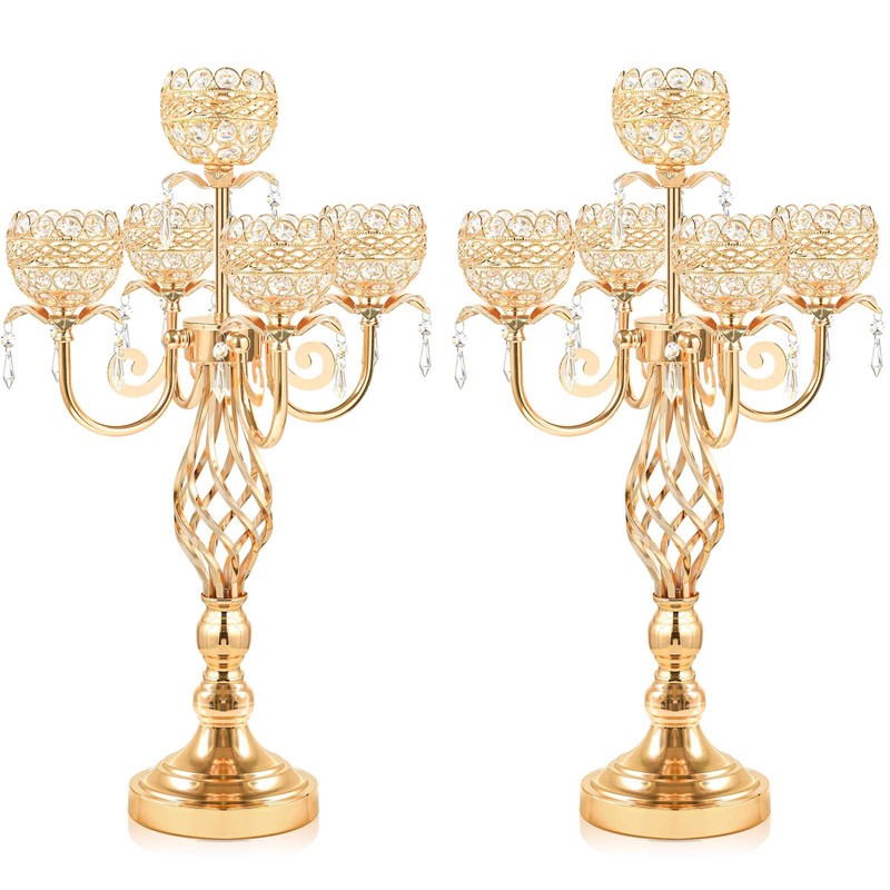 Crystal Candelabra Centerpiece, 5-Light Gold Metal Stand with Hanging Crystals,