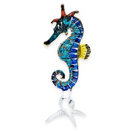 ChangThai Design Tiny 6" Blue Yellow Red Seahorse Figurine - Miniature Hand Blown Glass Sea Horse Seadragon Fish Colorful Marine Life Small Crystal Animals Decorative Collectible Figures Décor Gifts