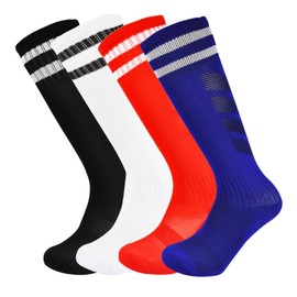 Marchare Boys Soccer Socks Toddler Athletic Socks 5-7 Years Knee High Striped Football Socks For Boys Girls Black/Blue/White/Red 3 Pairs