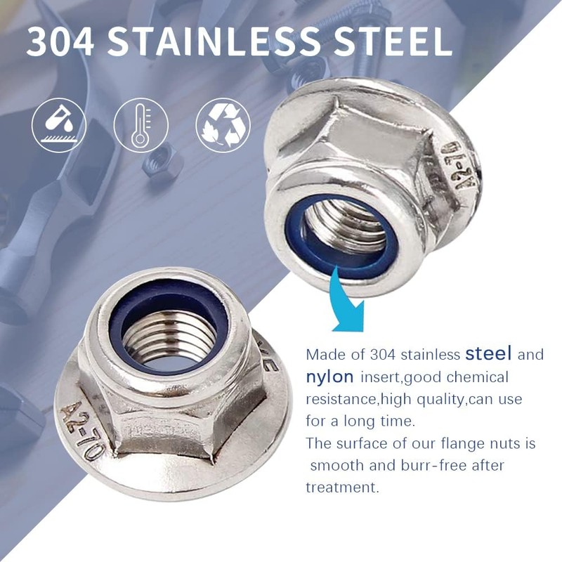 M8 Nylon Flange Nuts, 20-Pack 304 Stainless Steel Nylon Insert
