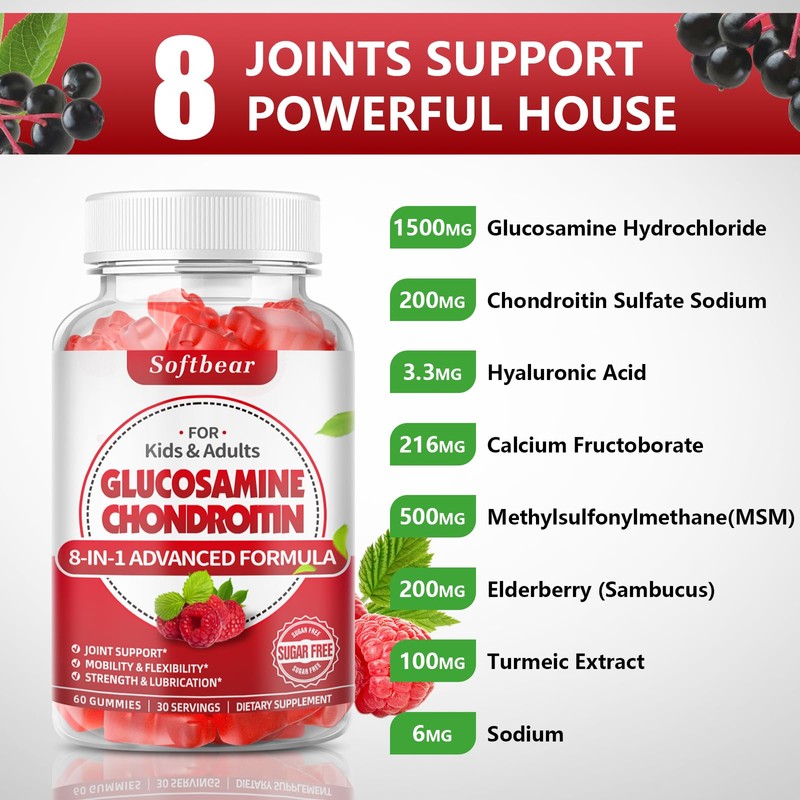 softbear Glucosamine Chondroitin Gummies Sugar Free, Extra Strength Glucosamine Chondroitin