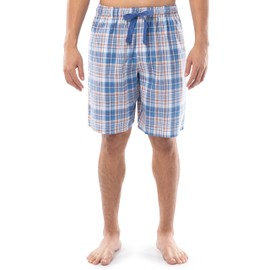 IZOD Men's Printed Poplin Relaxed Fit Drawstring Sleep Shorts, Blue/Orange Plaid, X-Large