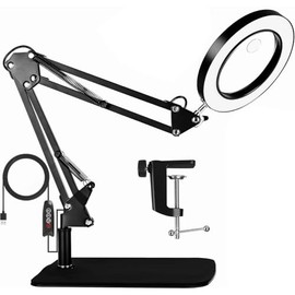 AbaqKalza Lupa con luz LED 10X 15X con Base y Pinza, Lupa de Escritorio con Brazo Giratorio Ajustable Lupa Regulable Continua con luz, 3 Color 10 Nive