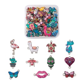 Cheriswelry 110 Pieces Printed Alloy Enamel Links Cat Butterfly Heart Skull Head Shape Connectors Dangle Charms for Jewellery Bracelet Making 2-Hole, Plastic Platinum Metal