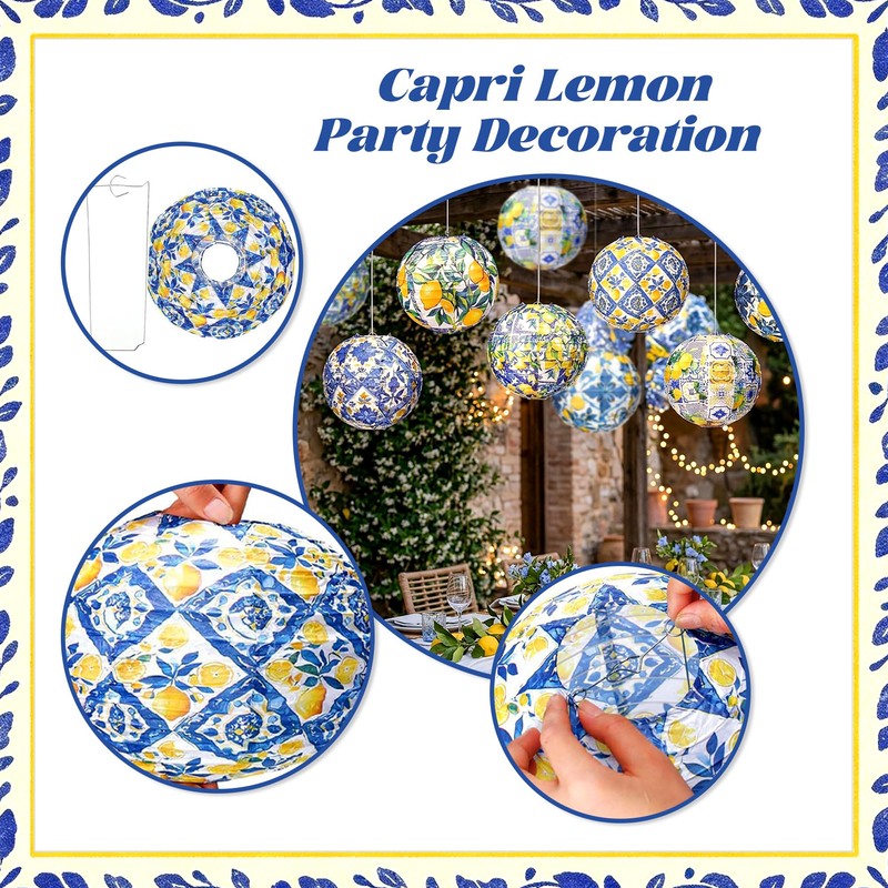 Capri Lemon Paper Lanterns Mediterranean Yellow Blue Tiles Hanging Decor
