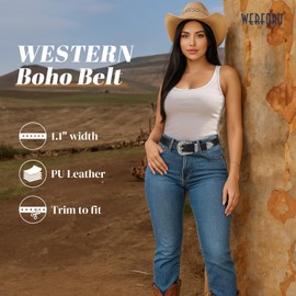 WERFORU Western Belt For Women,Cowgirl Cowboy Belt For Jeans Pants With Silver Vintage Western Buckle