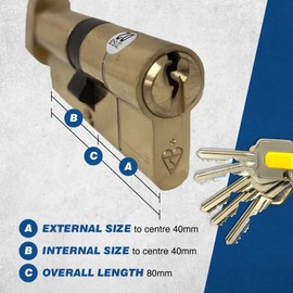 UAP Thumb Turn Euro Cylinder Lock with Anti-Snap & 3 Keys - 1-Star Kitemarked Door Lock Barrel for Home Security - Fire-Rated with Easy-Grip Design for Elderly Use (80mm 40/40) (Brass)