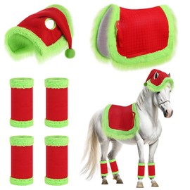 Abbylike 6 Pcs Christmas Holiday Santa Green Monster Furry Leg Wrap with Faux Fur Trim Holiday Santa Horse Hat All Purpose Xmas Saddle Pad for Christmas Horse Costume Accessories