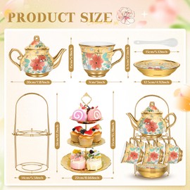 Suttmin 21 Pcs Porcelain Tea Set with Metal Holder and Cupcake Stand, Ceramic Tea Pot Cups Saucers Cupcake Tier Tower European Ceramic Tea Set for Adult Women Girls Tea Party Wedding(Yellow)