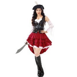 Funna Pirate Costume Women Adult Outfit 5 Piece with Hat Pirate Skirt Belt Black, X-Large