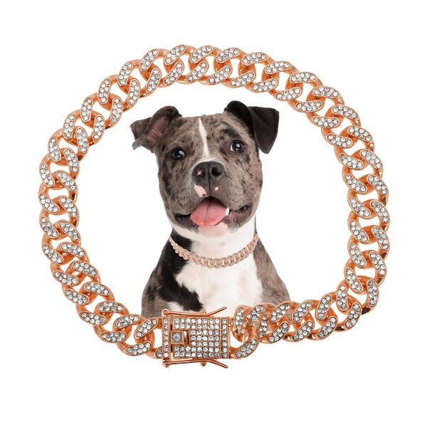 RENEWREVITAL Dog Chain, Durable Rhinestone Dog Necklace, Cuban Link Dog
