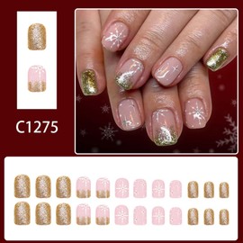 Short Christmas Press On Nail Square Fake Nails Snowflake With Gold Glitter Designs Nude False Nails Full Cover Acrylic Glue On Nail Artificial Cute Stick On Nail For Women 24pcs