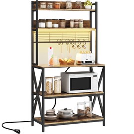 Yaheetech Kitchen Bakers Rack with Power Outlet & LED Lights, 5 Tiers Coffee Bar Table with 8 S Hooks, 64 Inches Tall Microwave Oven Stand with Storage for Spices, Pots, Rustic Brown